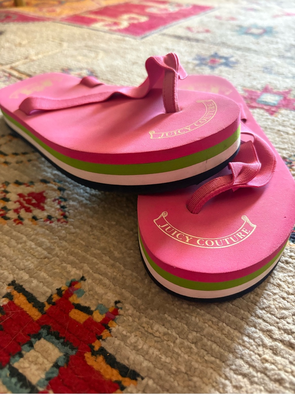 Juicy Couture Bright Pink Girls' Platform Flip Flops with Green & White Stripes